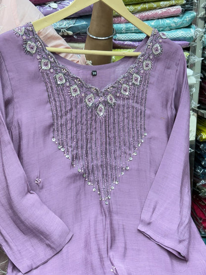 Mul Chanderi Straight Kurti Pant Set with Beads & Booti Work - RR1661