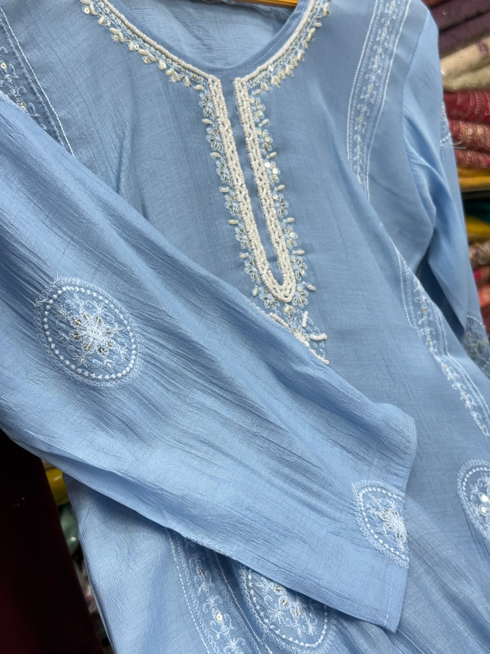 Mul Chanderi Straight Kurti Pant Set with Thread & Booti Work Dupatta - RR1666