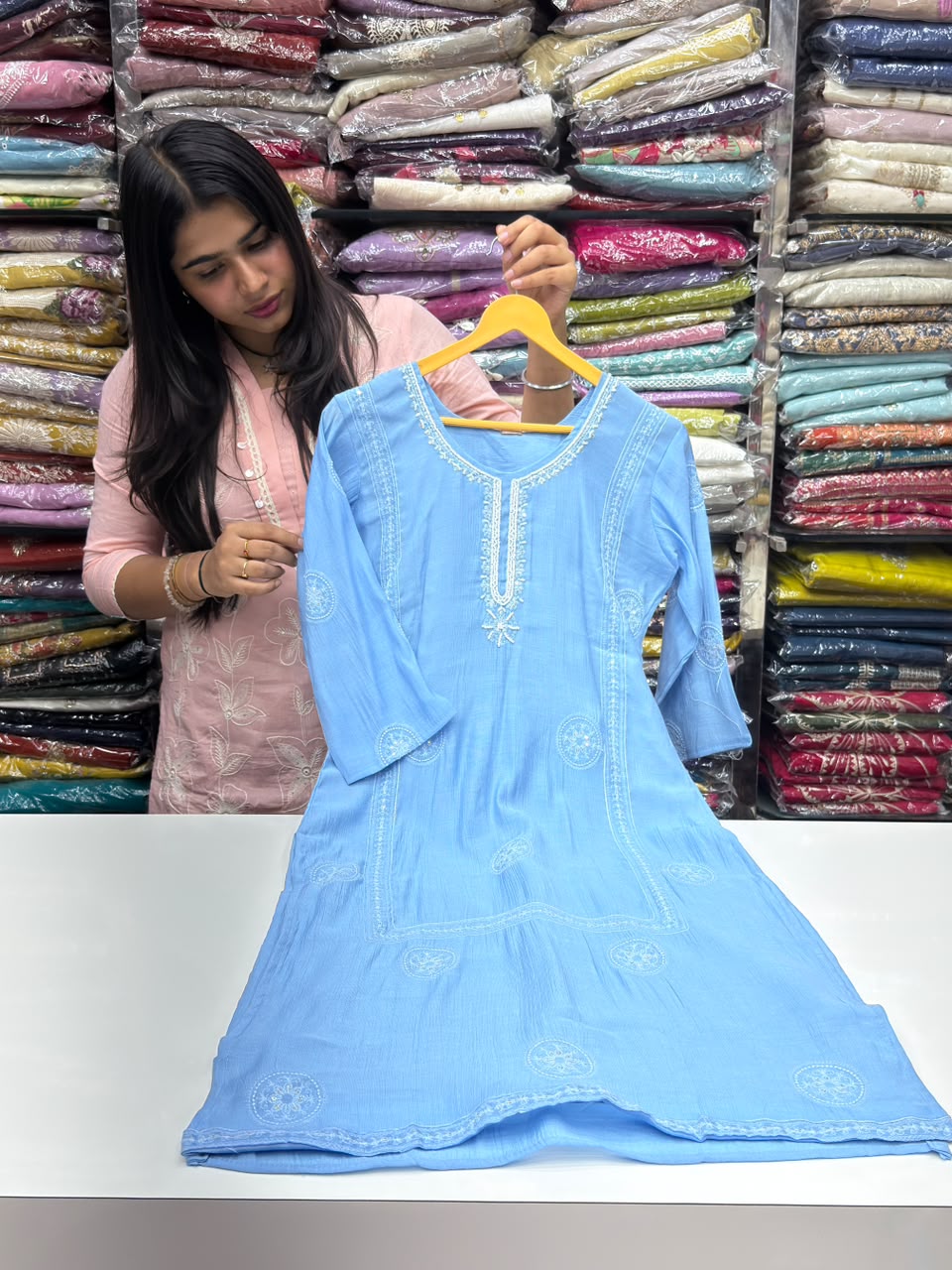 Mul Chanderi Straight Kurti Pant Set with Thread & Booti Work Dupatta - RR1666