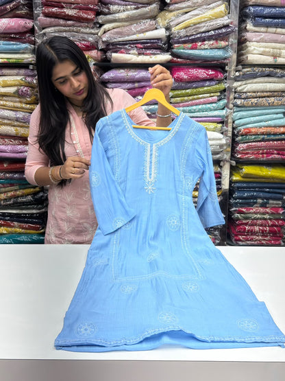 Mul Chanderi Straight Kurti Pant Set with Thread & Booti Work Dupatta - RR1666
