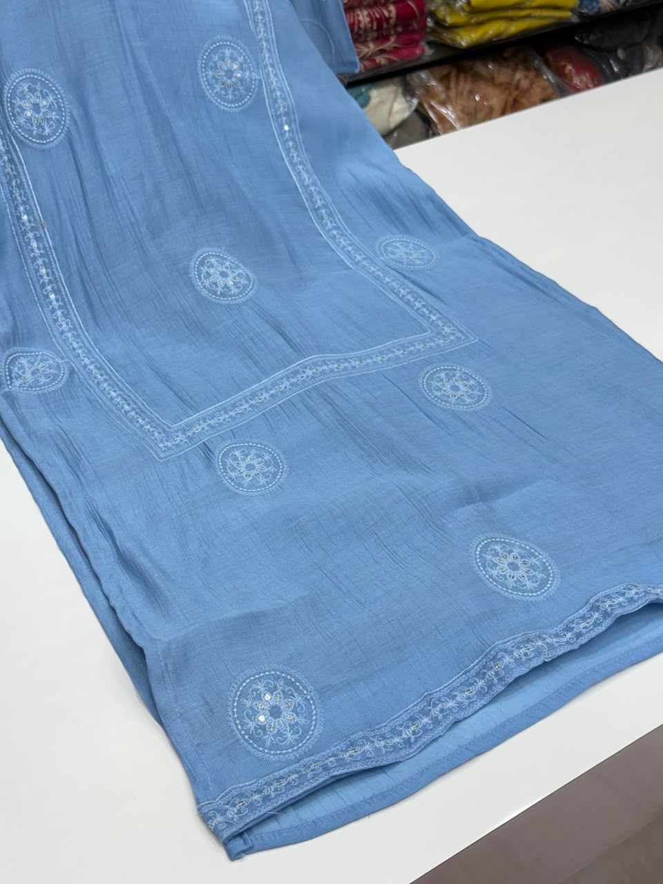Mul Chanderi Straight Kurti Pant Set with Thread & Booti Work Dupatta - RR1666