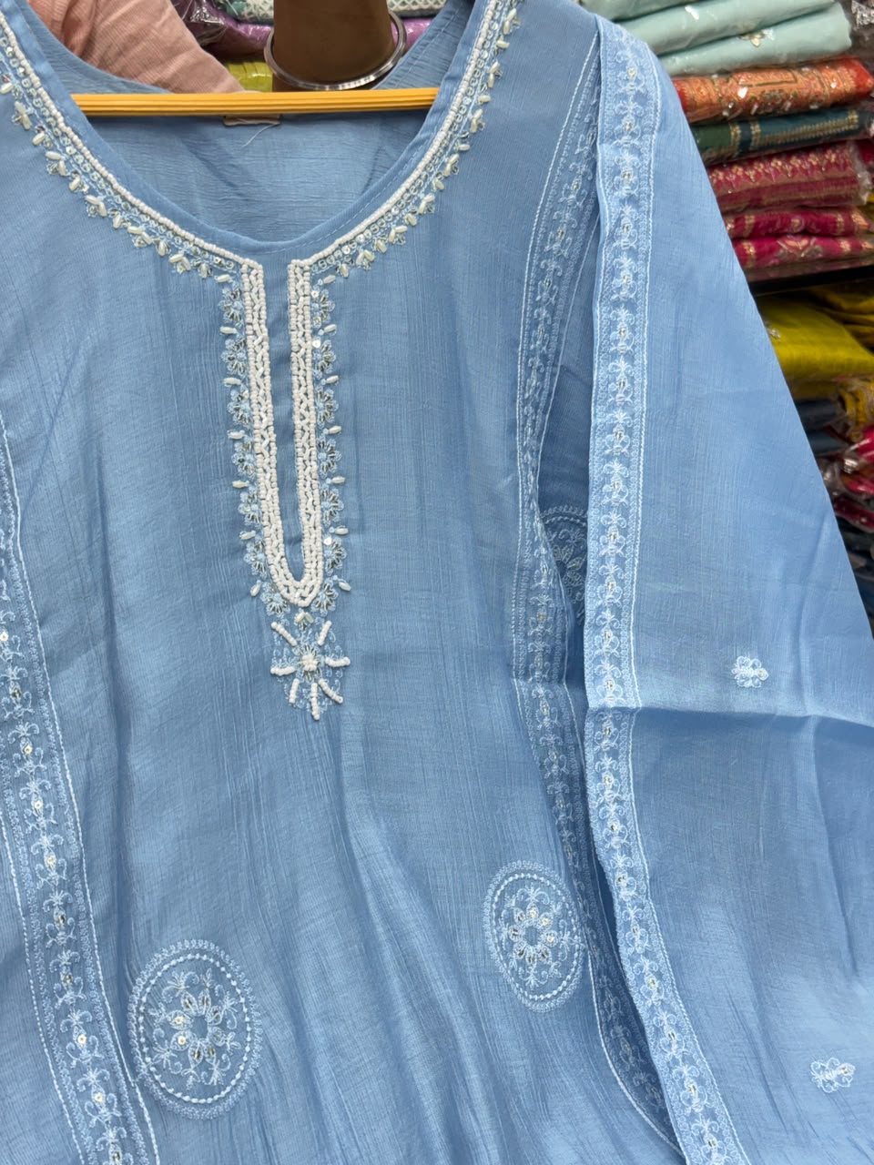 Mul Chanderi Straight Kurti Pant Set with Thread & Booti Work Dupatta - RR1666
