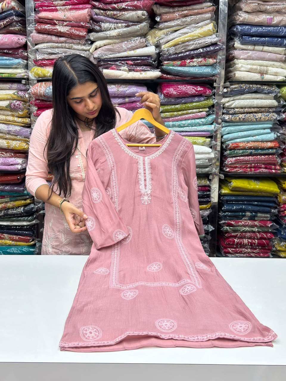 Mul Chanderi Straight Kurti Pant Set with Thread & Booti Work Dupatta - RR1666