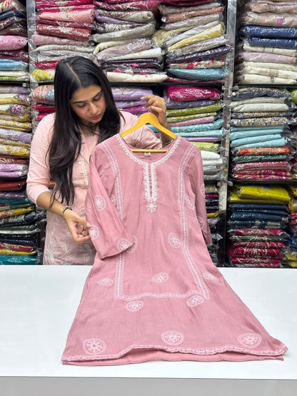Mul Chanderi Straight Kurti Pant Set with Thread & Booti Work Dupatta - RR1666