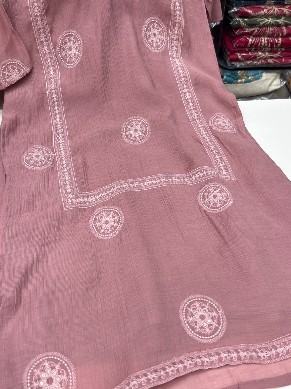 Mul Chanderi Straight Kurti Pant Set with Thread & Booti Work Dupatta - RR1666