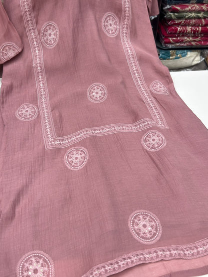 Mul Chanderi Straight Kurti Pant Set with Thread & Booti Work Dupatta - RR1666