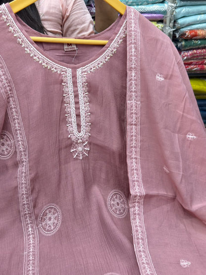 Mul Chanderi Straight Kurti Pant Set with Thread & Booti Work Dupatta - RR1666