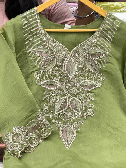 Mul Chanderi Straight Kurti Pant Set with Heavy Embroidery and Cutout Work -  RR1662