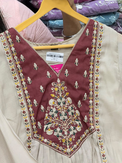 Mul Chanderi A-Line Kurti Pant Set with Heavy Embroidery Work - RR1640