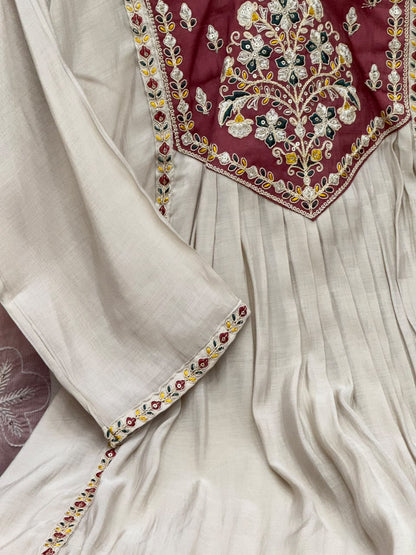 Mul Chanderi A-Line Kurti Pant Set with Heavy Embroidery Work - RR1640