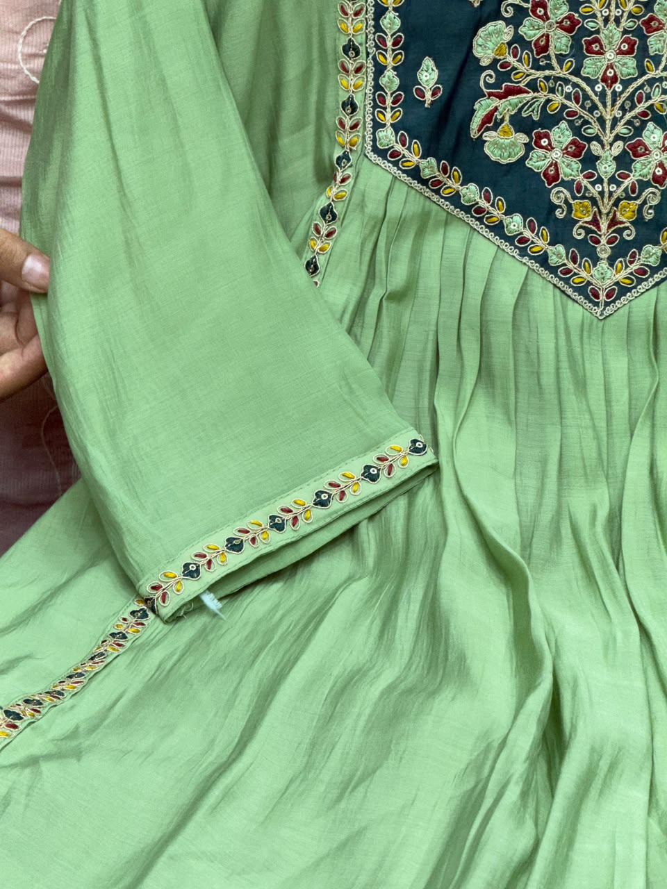Mul Chanderi A-Line Kurti Pant Set with Heavy Embroidery Work - RR1640