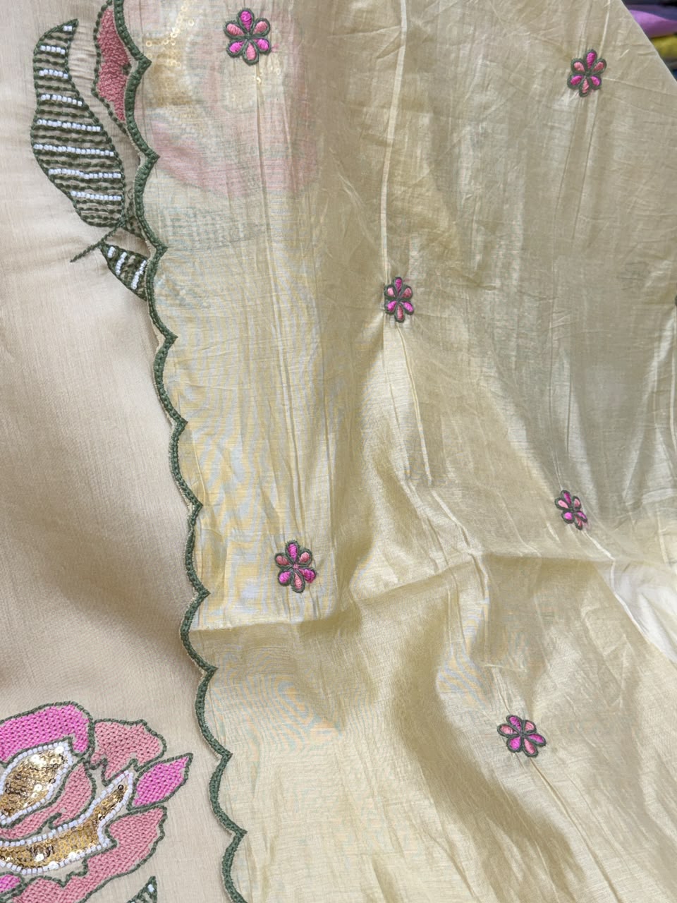 Mul Chanderi Straight 3 Piece Kurti Pant Set with Heavy Thread & Beads Embroidery – RR1681