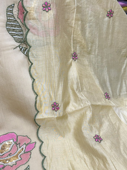 Mul Chanderi Straight 3 Piece Kurti Pant Set with Heavy Thread & Beads Embroidery – RR1681