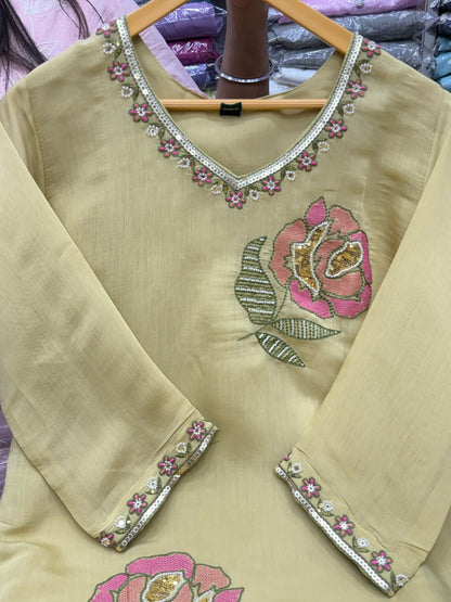 Mul Chanderi Straight 3 Piece Kurti Pant Set with Heavy Thread & Beads Embroidery – RR1681