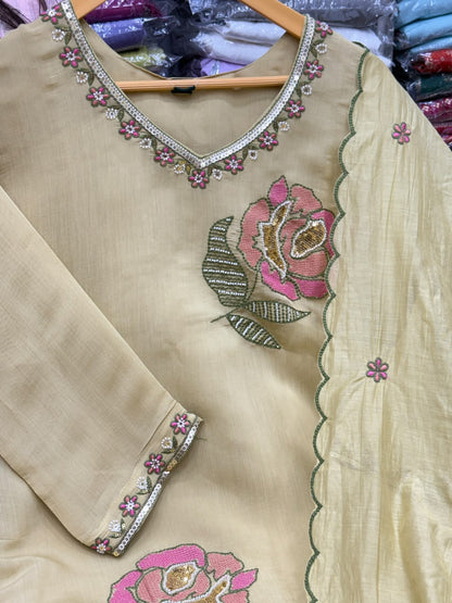 Mul Chanderi Straight 3 Piece Kurti Pant Set with Heavy Thread & Beads Embroidery – RR1681