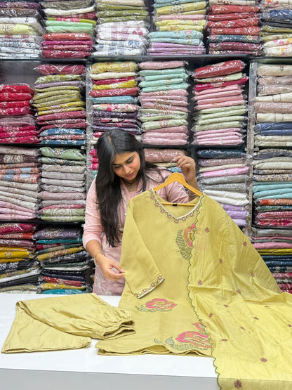 Mul Chanderi Straight 3 Piece Kurti Pant Set with Heavy Thread & Beads Embroidery – RR1681