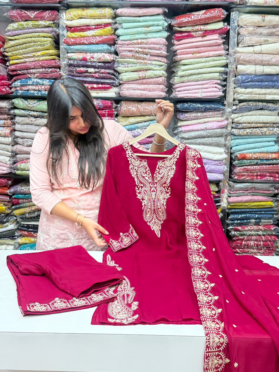 Mul Chanderi Straight 3 Piece Kurti Pant Set with Heavy Embroidery & Booti Dupatta – RR1663