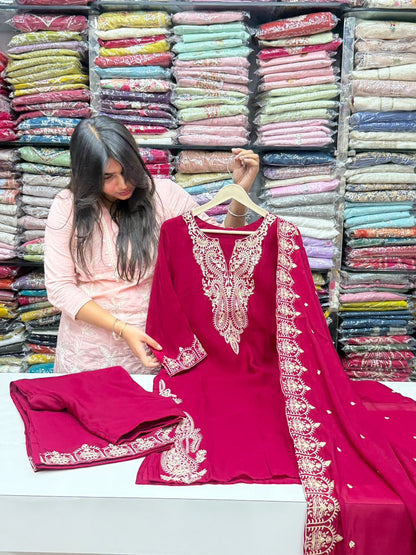 Mul Chanderi Straight 3 Piece Kurti Pant Set with Heavy Embroidery & Booti Dupatta – RR1663