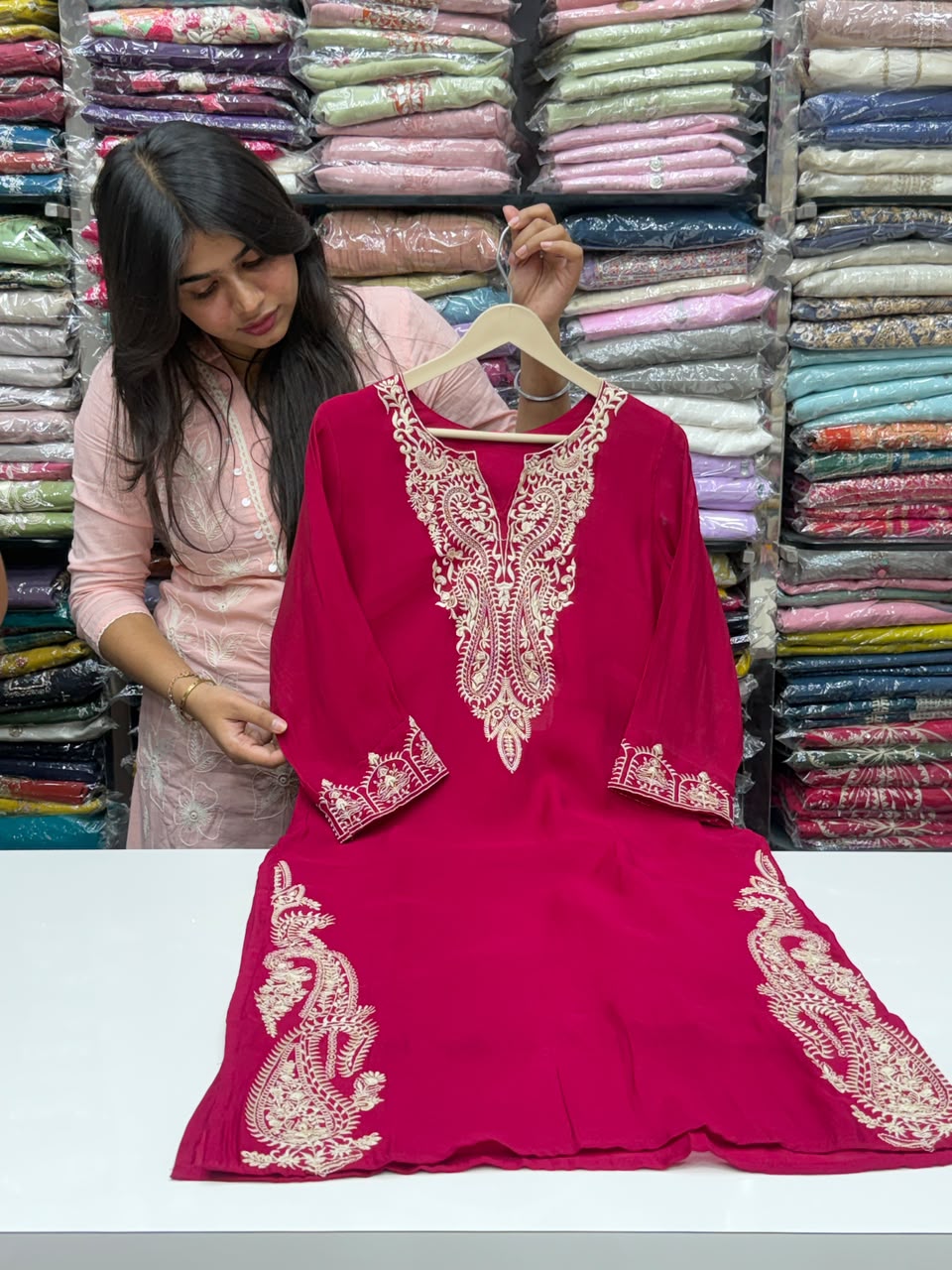 Mul Chanderi Straight 3 Piece Kurti Pant Set with Heavy Embroidery & Booti Dupatta – RR1663
