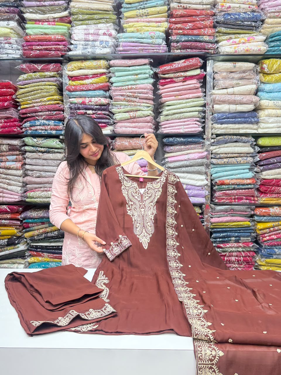 Mul Chanderi Straight 3 Piece Kurti Pant Set with Heavy Embroidery & Booti Dupatta – RR1663