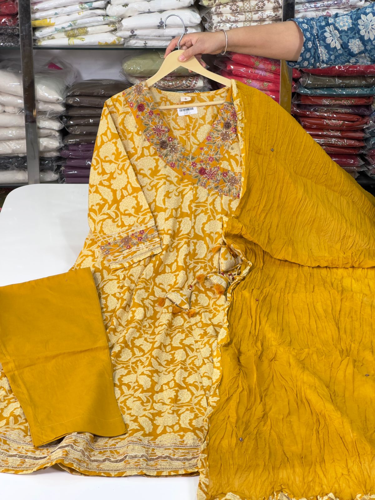 Floral Rust, Mustard Yellow Angrakha Semi Formal Embroidered Pure Cotton Full Flair Anarkali Gown With Beautiful Duppata And Bottom (RR1314-rust-mustard-yellow )