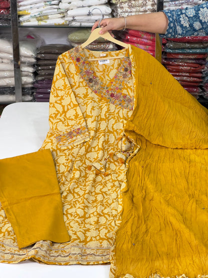 Floral Rust, Mustard Yellow Angrakha Semi Formal Embroidered Pure Cotton Full Flair Anarkali Gown With Beautiful Duppata And Bottom (RR1314-rust-mustard-yellow )