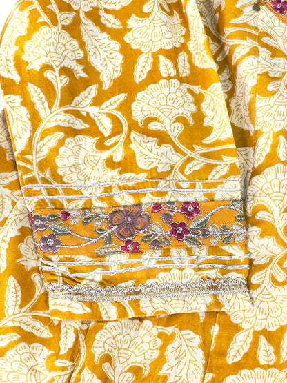 Floral Rust, Mustard Yellow Angrakha Semi Formal Embroidered Pure Cotton Full Flair Anarkali Gown With Beautiful Duppata And Bottom (RR1314-rust-mustard-yellow )