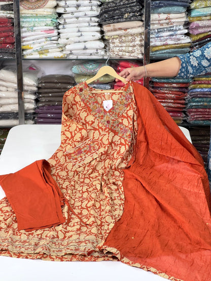 Floral Rust, Mustard Yellow Angrakha Semi Formal Embroidered Pure Cotton Full Flair Anarkali Gown With Beautiful Duppata And Bottom (RR1314-rust-mustard-yellow )