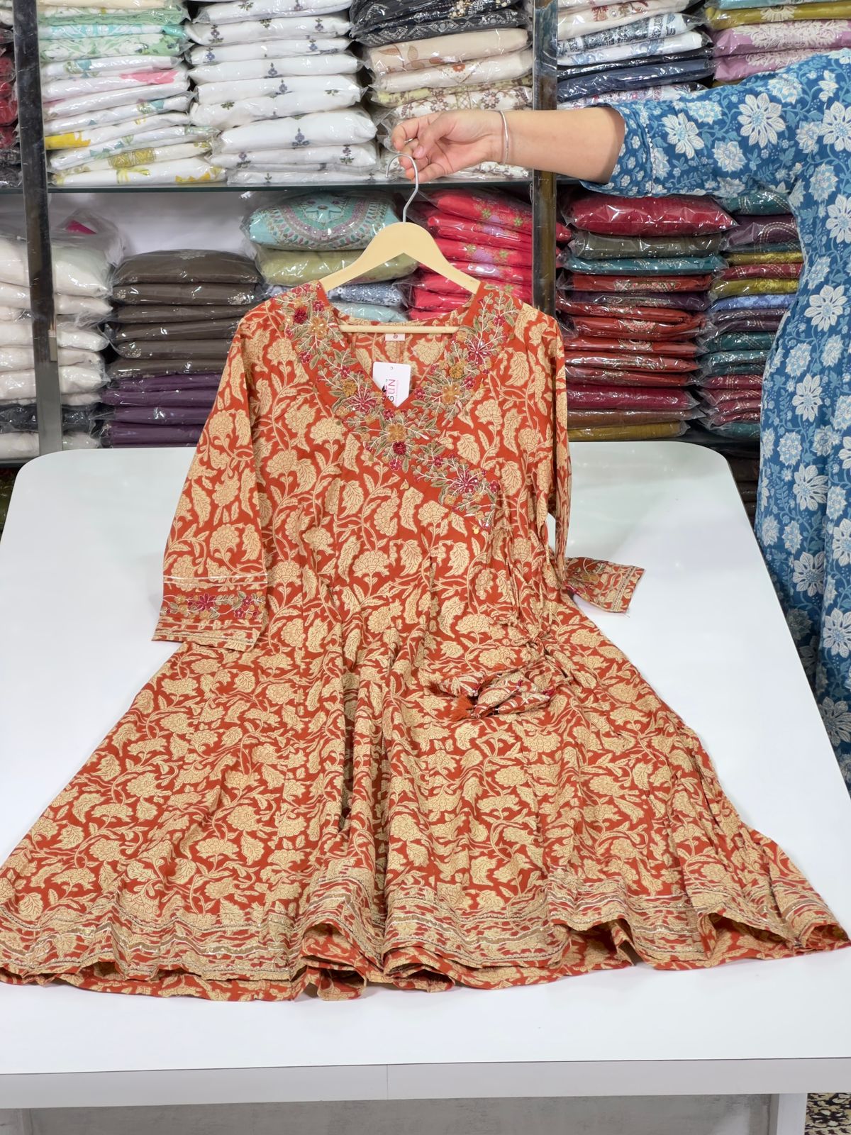 Floral Rust, Mustard Yellow Angrakha Semi Formal Embroidered Pure Cotton Full Flair Anarkali Gown With Beautiful Duppata And Bottom (RR1314-rust-mustard-yellow )