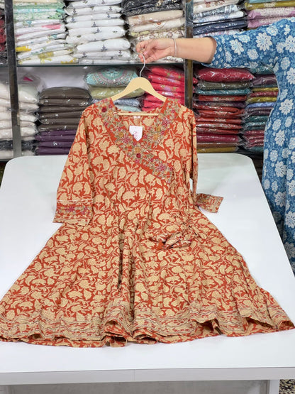 Floral Rust, Mustard Yellow Angrakha Semi Formal Embroidered Pure Cotton Full Flair Anarkali Gown With Beautiful Duppata And Bottom (RR1314-rust-mustard-yellow )