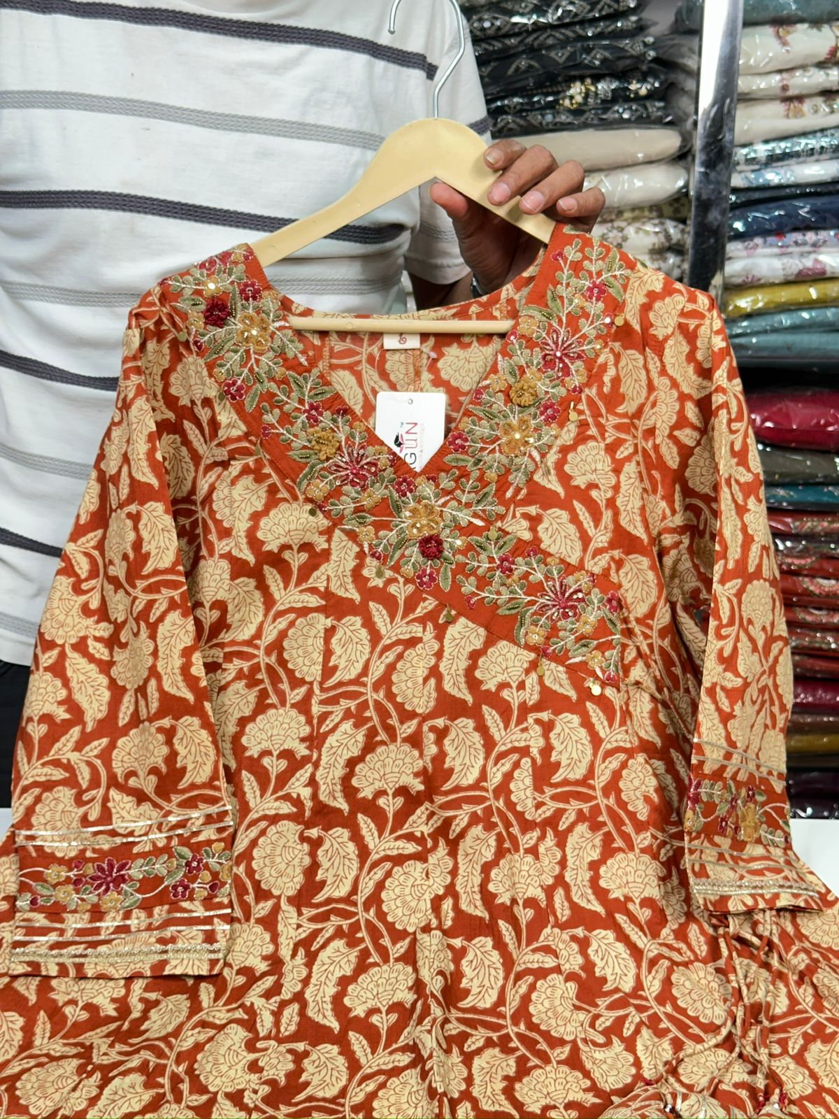 Floral Rust, Mustard Yellow Angrakha Semi Formal Embroidered Pure Cotton Full Flair Anarkali Gown With Beautiful Duppata And Bottom (RR1314-rust-mustard-yellow )