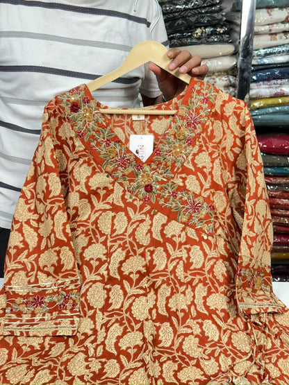 Floral Rust, Mustard Yellow Angrakha Semi Formal Embroidered Pure Cotton Full Flair Anarkali Gown With Beautiful Duppata And Bottom (RR1314-rust-mustard-yellow )