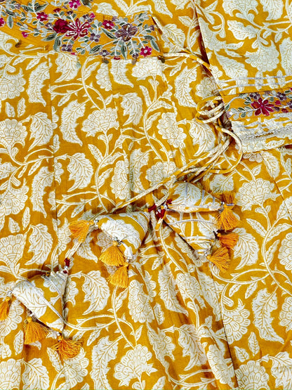 Floral Rust, Mustard Yellow Angrakha Semi Formal Embroidered Pure Cotton Full Flair Anarkali Gown With Beautiful Duppata And Bottom (RR1314-rust-mustard-yellow )