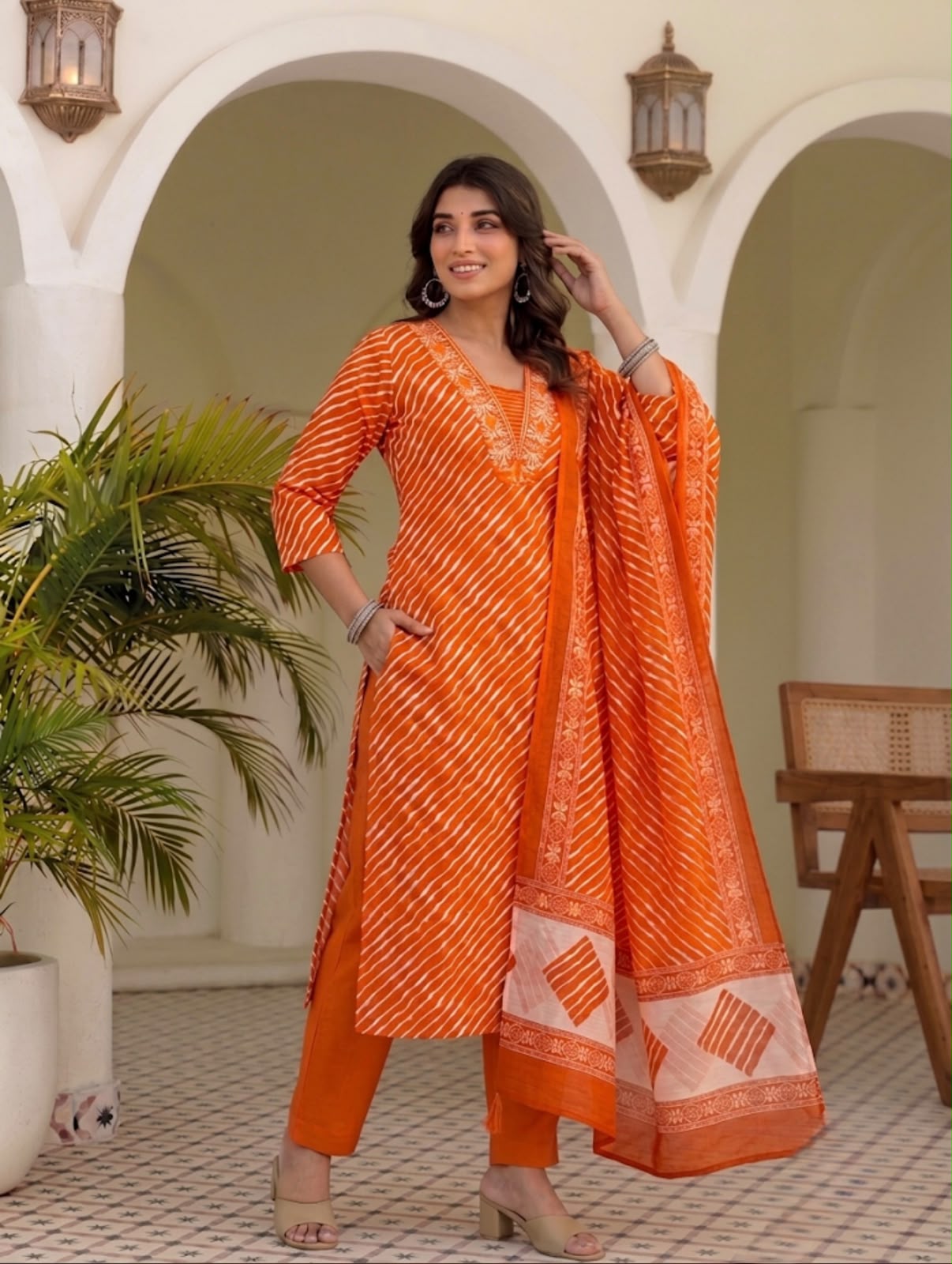 Leheriya Ptint Kurti Pant With Duptta Pure Cotton  Thread Work On Neck (Orange,Rani And Yellow )