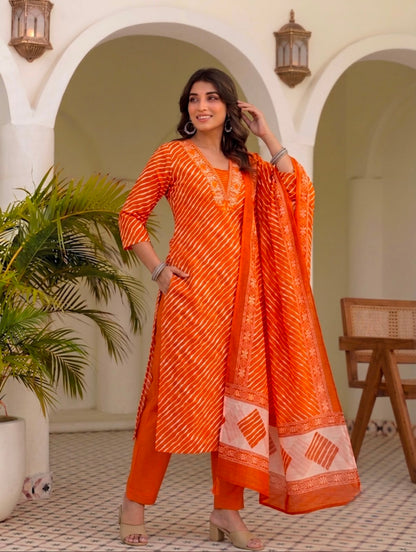 Leheriya Ptint Kurti Pant With Duptta Pure Cotton  Thread Work On Neck (Orange,Rani And Yellow )