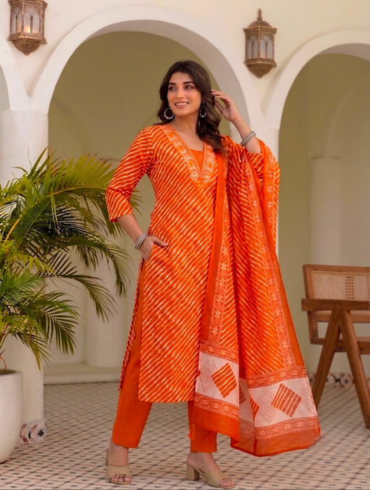 Leheriya Ptint Kurti Pant With Duptta Pure Cotton  Thread Work On Neck (Orange,Rani And Yellow )