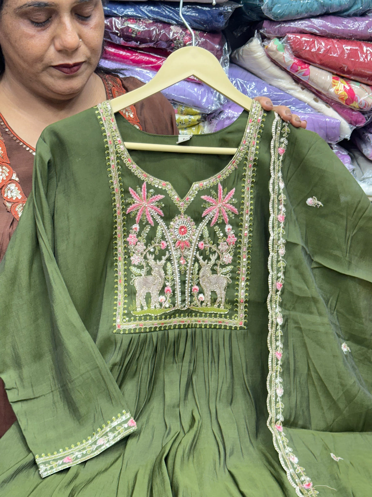 Mul Chanderi 3-Piece Kurta Set in Brown, Mehendi & Green with Thread Work