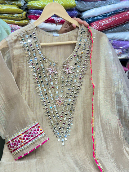 Designer Crushed Tissue Three-Piece Kurta Set with Mirror & Lace Work