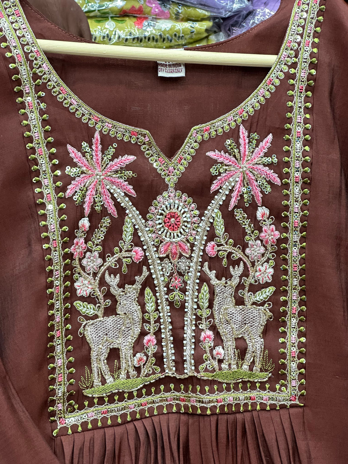 Mul Chanderi 3-Piece Kurta Set in Brown, Mehendi & Green with Thread Work