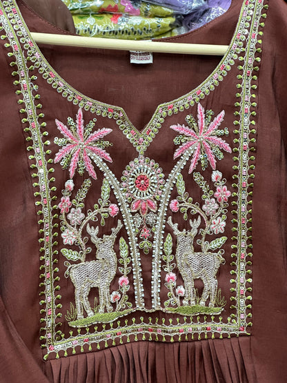 Mul Chanderi 3-Piece Kurta Set in Brown, Mehendi & Green with Thread Work