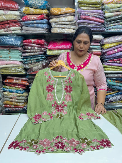 Mul Chanderi Short Kurti with Garara Set – Designer Aplic & Thread Work Party Wear Three-Piece Kurta Set