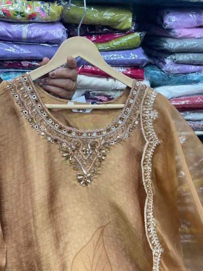 Festive Pure Chinon Suit with Organza Dupatta – Handcrafted Party Wear Kurta Set with Lining