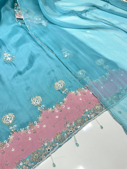 Pure Silk Handwork Kurta with Farsi Salwar & Chiffon Dupatta – Party Wear Three-Piece Set