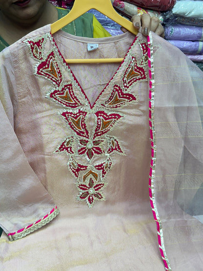Rose Gold & Green Gold Tissue Kurta Set with Pure Cotton Lining & Handwork