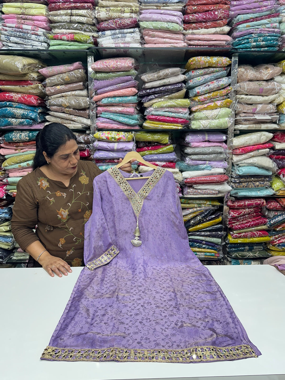 Designer Lavender Kurta with Loose Divider Pants & Silk Dupatta – Pure Chanderi Ethnic Wear