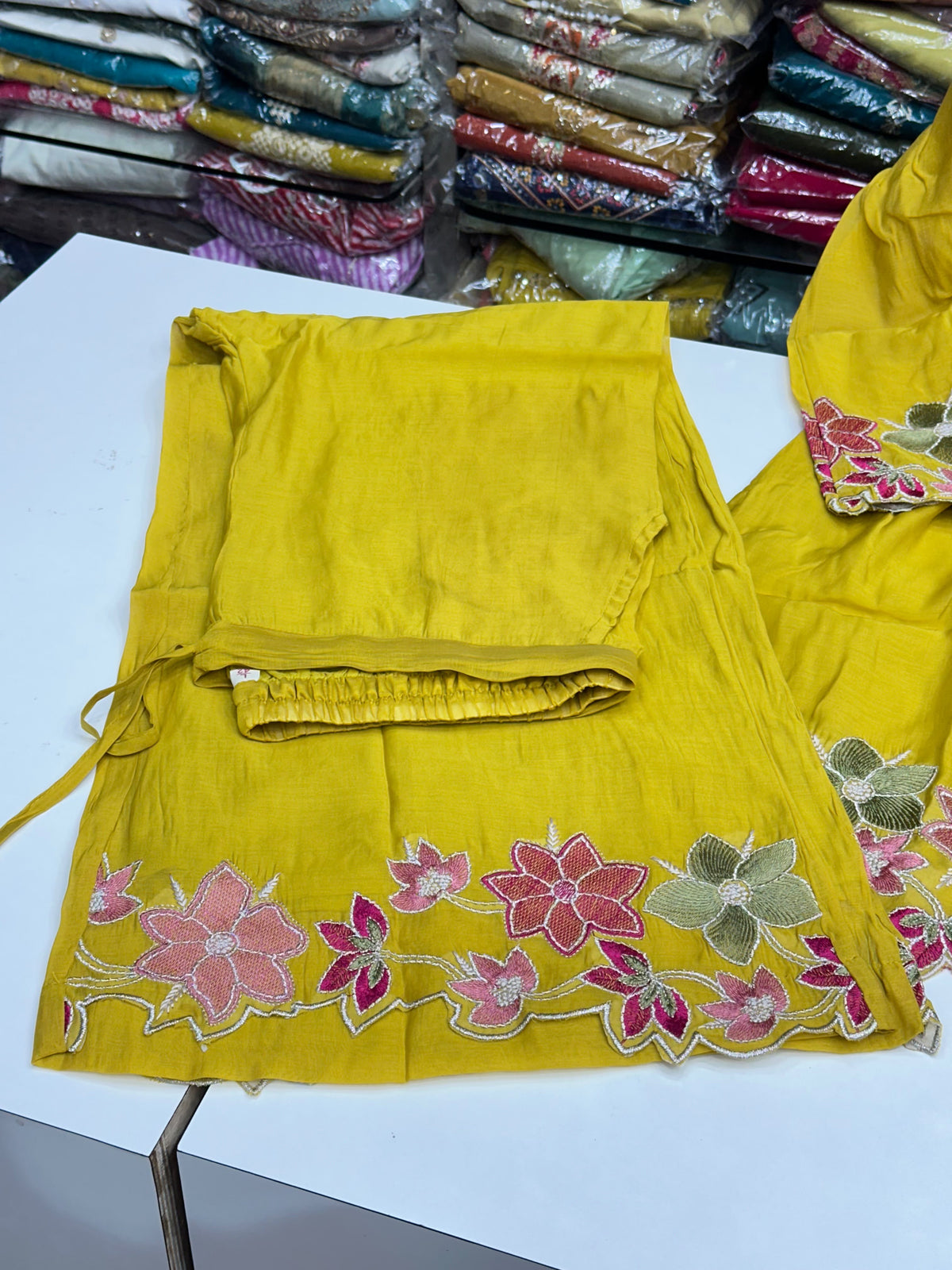 Mul Chanderi Short Kurti with Garara Set – Designer Aplic & Thread Work Party Wear Three-Piece Kurta Set