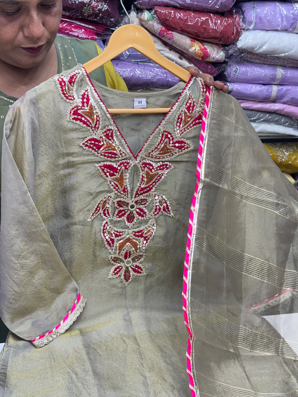 Rose Gold & Green Gold Tissue Kurta Set with Pure Cotton Lining & Handwork
