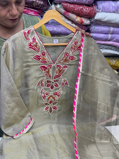 Rose Gold & Green Gold Tissue Kurta Set with Pure Cotton Lining & Handwork