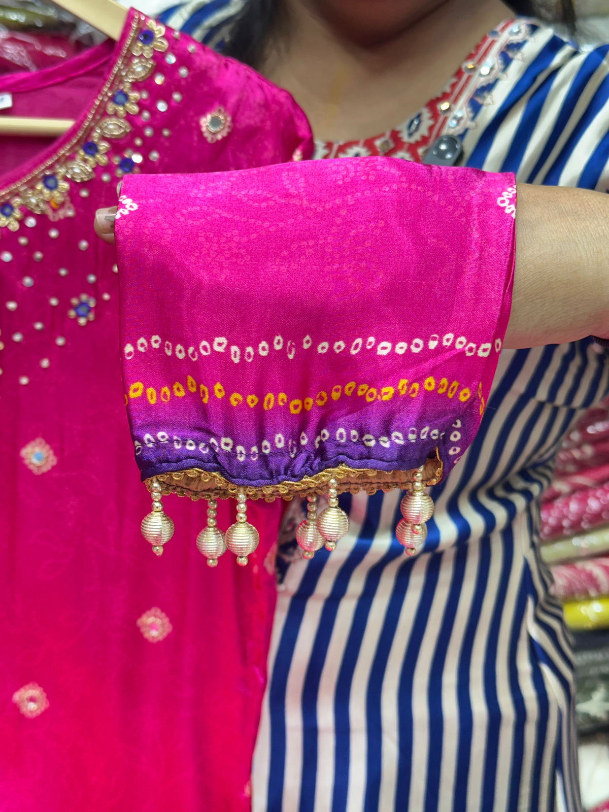 Rani Pink Pure Crepe Handwork Party Wear Kurta Set with Tassels