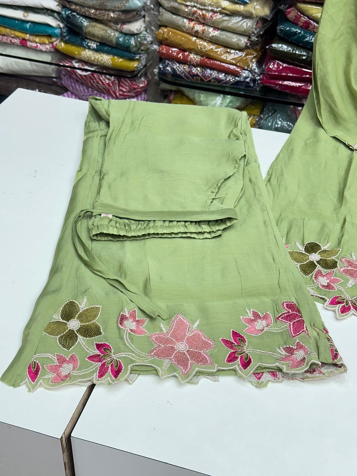 Mul Chanderi Short Kurti with Garara Set – Designer Aplic & Thread Work Party Wear Three-Piece Kurta Set
